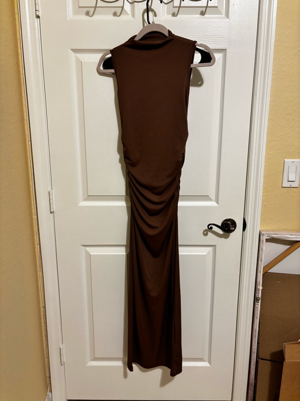 Sleeveless Ruched Maxi Dress in Brown